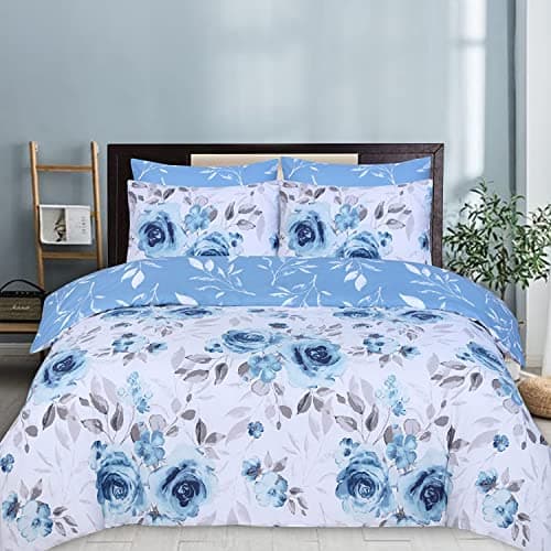 Image of DTEX HOMES Double Duvet Set 100% Pure Cotton Reversible Printed Hotel Quality Duvet Cover Ultra Soft Easy Care double bedding Set Super Soft and Luxury Duvet Cover Sets (Roses Blue)