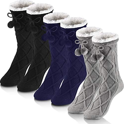 Image of SATINIOR 3 Pairs Women Slipper Socks Fleece Lined Winter Fuzzy Tall Socking with Pompom (Light Gray, Black, Navy)