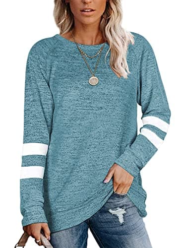 Image of Famulily Jumpers for Women Soft Sweater Ladies Crewneck Tops White Striped Sweatshirt Lake Blue XL