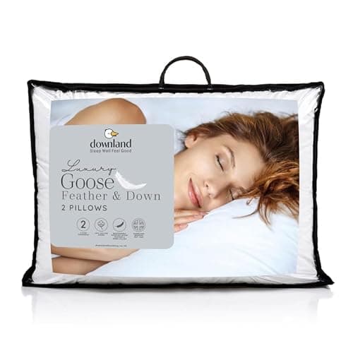 Image of Downland Goose Feather & Down Pillows 2 Pack - Luxury Hotel Quality Pillow Pair, 233TC Breathable Cotton, Soft & Supportive 90% Feather 10% Down Filling, Hypoallergenic & Machine Washable, 48x74cm