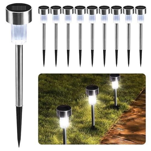 Image of CUQOO Solar Garden Stake Lights - White 10 LED Waterproof Stainless Steel Pathway Lights, Rechargeable Outdoor Solar Light for Garden, Patios & Walkways