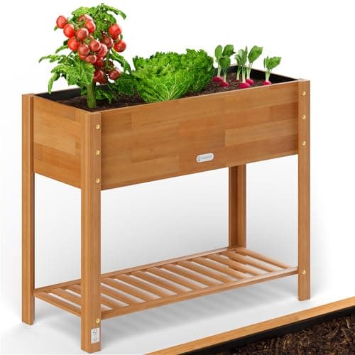 Image of CASARIA® Wooden Raised Bed Flower Pot Planter | Garden Trough | 100x40x84cm | Solid FSC® Certified Acacia Wood | 2-Levels | Weatherproof | 2 Tier Shelf | Natural Brown