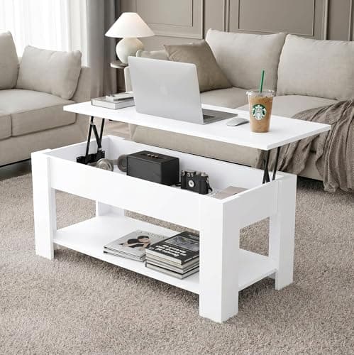 Image of Blisswood Coffee Table with Storage, Lift Up Coffee Tables for Living Room, Wooden Coffee Table with 1 Shelf Large Hidden Storage Modern Rectangular Sofa End Lift-Top Tea Table Furniture (White)