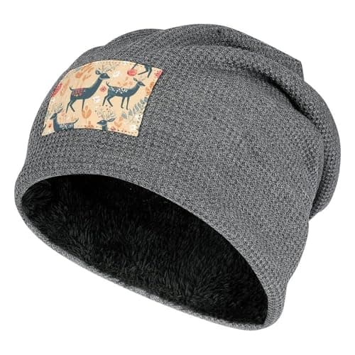 Image of Deer Pattern Cuff Beanie Hat Unisex Winter Fleece Lined Caps Skull Cap Plush Pullover Cap for Outdoor, Dark Gray, One size