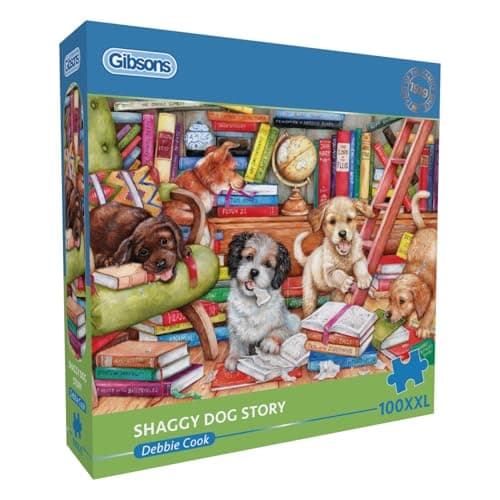 Image of Gibsons Shaggy Dog Story 100XXL Piece Jigsaw Puzzle for Adults – Charming Puppies Animals Artwork by Debbie Cook – Extra Large Pieces – Premium Sustainable Puzzle Made in the UK/EU