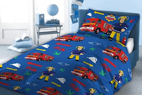 Image of Fireman Sam Firefighter Polycotton Kids Single Duvet Cover Set Bedding Bed Set,Blue