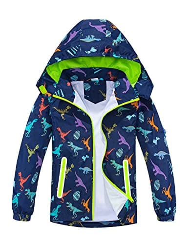 Image of LAUSONS Boys Waterproof Jackets Kids Windbreaker Dinosaur Lightweight Raincoat with Detachable Hood Navy Label 120/5-6 Years
