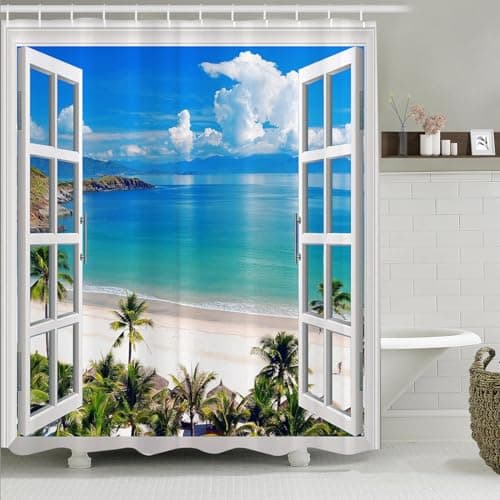 Image of Simpomsy Beach Shower Curtain, 3D Ocean Seascape Sky Clounds Nature Tropical Palm Tree Seagull Window Views Anti Mould Bath Curtains for Bathroom 200x180cm