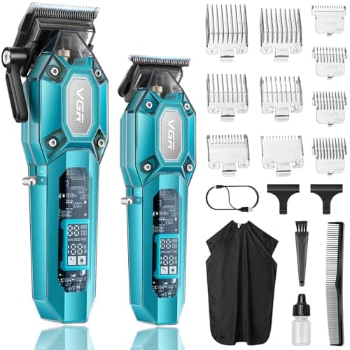 Image of VGR Professional Hair Clippers for Men, Cordless Barber Clipper and Trimmer Set, Mens Hair Cutting Kit with 10 Guide Combs, USB Rechargeable Haircut Machine for Family, LED Display, Green
