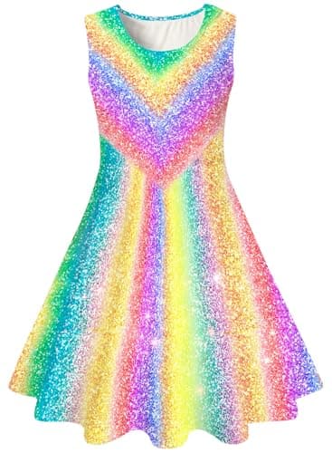 Image of Kids4ever Girls Dress Shining Rainbow Sleeveless Dresses Flutter A Line Swing Party Dress Kids 6-7 Years