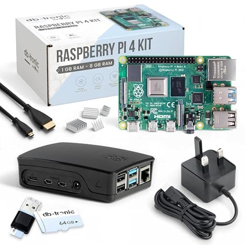 Image of db-tronic Raspberry Pi 4 4GB Starter Kit | 64GB Black Edition | 15W Power Supply | Case with 4x Heatsinks | 4K Micro HDMI Cable | Ideal for Smart Home, Retro Gaming & Home Assistant