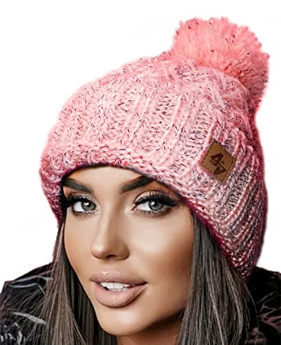 Image of 4sold Unisex Fleece Lined Winter Beanie – Warm Cable Knit Bobble with Pom Pom UK, Soft Wooly Thermal Cap for Men & Women, Thick Cosy Knitted Design for Cold Weather Pink Black