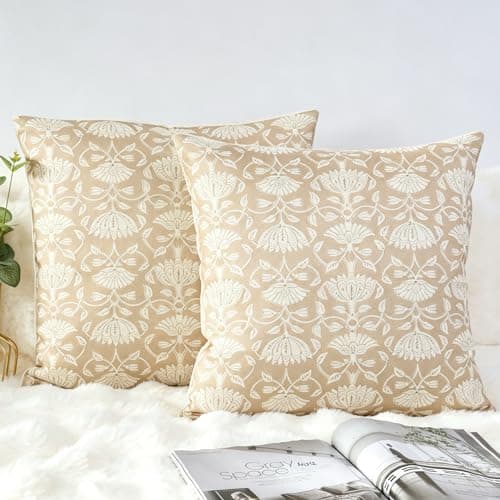 Image of OYIMUA 2 Pack Beige Cushion Covers 45 x 45 Linen Outdoor Cushions Square Decorative Pillow Covers 18x18 for Sofa Bed Garden