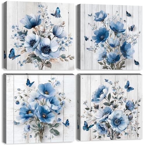 Image of Blue Flower Canvas Wall Art for Living Room Butterfly Wall Decorations Blue and White Floral Wall Pictures for Bedroom Rustic Botanical Prints Wildflowers Paintings Kitchen Home Decor 30x30cm 4Pcs