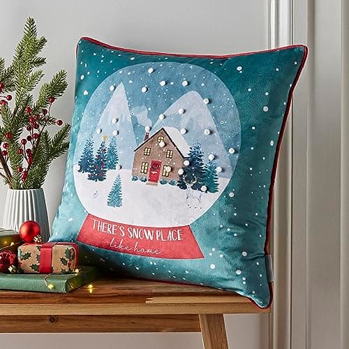 Image of Catherine Lansfield Snow Place Like Home Soft Touch 45x45cm Cushion Green