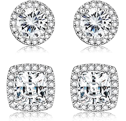 Image of Dochais 2 Pairs Cubic Zirconia Stud Earrings for Women Men 18K Gold Plated Hypoallergenic 925 Sterling Silver Post Earrings Round & Square Brilliant Simulated Diamond Earring Studs Silver Gold