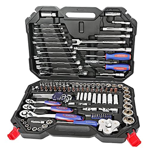 Image of WORKPRO 123-Piece Drive Socket Set, 1/2", 1/4", 3/8" CR-V Mechanic Tool Set with Quick-Release Ratchet Wrench, Spanners, Bit Set, Hex Keys for Car and Home Repair