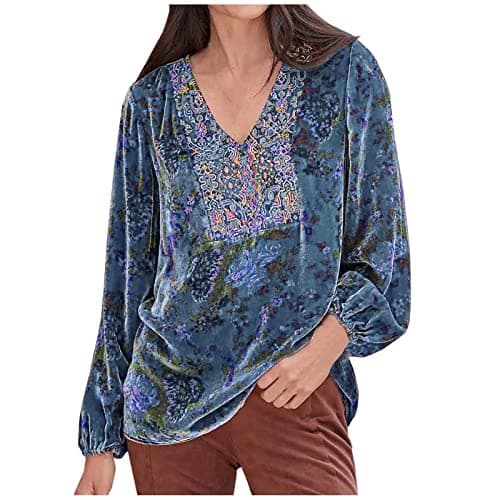 Image of Woman's Shirts UK Sale Elegant Velvet Tops V Neck Long Sleeve Blouses Retro Floral Print Shirts Plus Size Lantern Sleeve Patchwork Tops Size 8-22 Party Wear