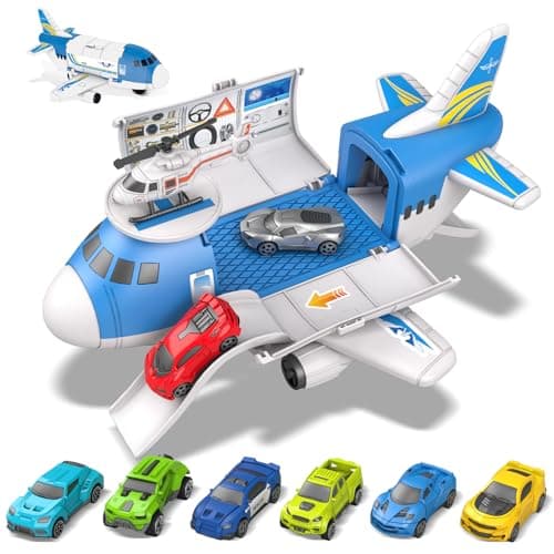 Image of kramow Toy Cars for 3 Year Old Boys, Car Toys Set, Aeroplane Toys, Transport Airplane with 7 Sports Cars, 1 Off-Road Car, 1 Helicopter, Cargo Plane Toy Gifts for Kids Boys Girls age 3 4 5 6