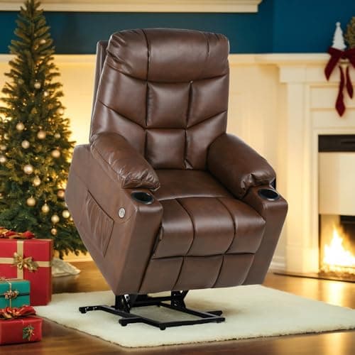 Image of YITAHOME Recliner Armchair, Power Massage Lift Recliner Chair with Heat Vibration for Elderly, Heavy Duty Safety Motion Reclining Mechanism, Faux Leather Electric Reclining Chairs (Brown)