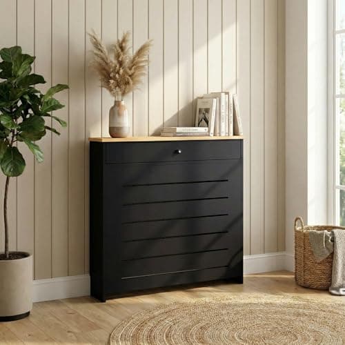Image of DuraTherm® Radiator Cover Black Painted MDF Cabinet Horizontal Slat Storage Drawers & Shelf, Radiator Cabinets for Office Hallway Living Room Bedroom, Small (H: 96cm / W: 78cm / D: 19cm)
