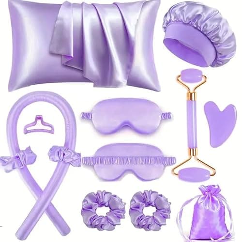 Image of XINYUNXIN 12PCS Heatless Curls Overnight Set, Heatless Curling Set for All Hair Types, Satin No Heat Hair Rollers with Scrunchies & Clips - Safe & Comfortable to Sleep in for Natural Waves(Purple)