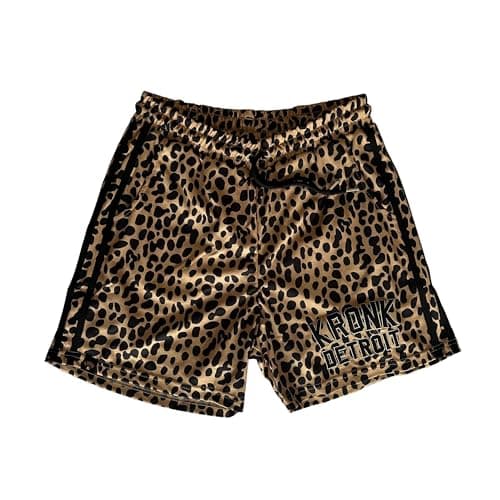 Image of Kronk Iconic Detroit Gym Shorts – 100% Polyester Men’s Training Shorts – Leopard Print with a Black Trim & Embroidered Logo – Lightweight Athletic Boxing & Fitness Wear