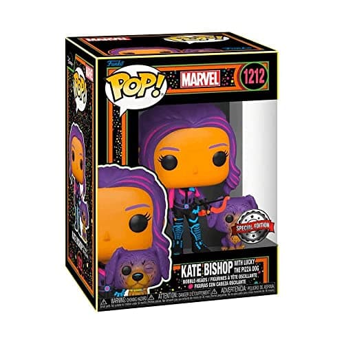 Image of Funko POP! & Buddy: Marvel - Hawkeye - Kate Bishop With Lucky the Pizza Dog - (Blacklight) - Ms. Marvel - Collectable Vinyl Figure - Gift Idea - Official Merchandise - Toys for Kids & Adults