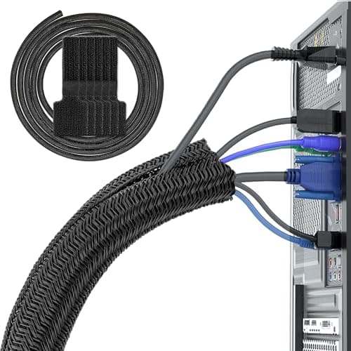Image of Black Cable Tidy Sleeve(Length 10ft, Diameter 1/2 to 1 Inch Expandable), Braided Cable Sleeve Split& Self-wrap Sleeving for Usb Cable Power Cord Audio Video Cable, Protector Animal from Chewing Cords