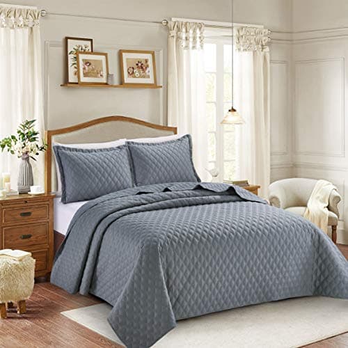 Image of PRIME LINENS 3 Piece Inspiration Quilted Bedspread Embossed Pattern Comforter Bedding Set Bed Throw with Pillow Case (Grey, King 3 Piece)