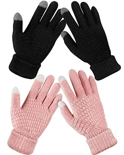 Image of Geyoga 2 Pairs Women's Winter Touchscreen Gloves Warm Fleece Lined Knit Gloves Elastic Cuff Winter Texting Gloves, Black, Pink, One Size