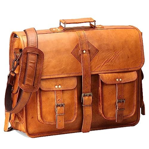 Image of HULSH Vintage Leather Laptop Bag for Men Full Grain Large Leather Messenger bag for men 18 inches with rustic look Brown briefcase, Tan, L, Vintage