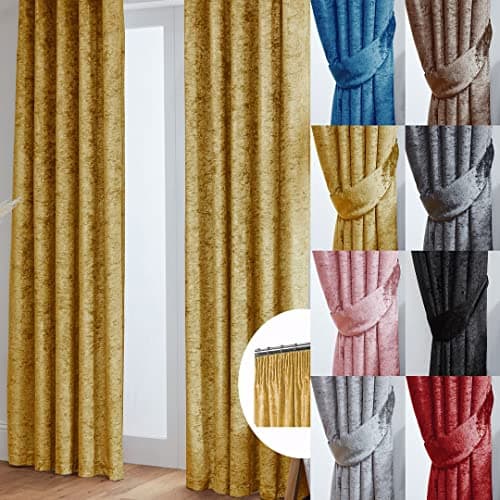 Image of John Aird Crushed Velvet Fully Lined Pencil Pleat Curtains (Ochre, 90" Wide x 72" Drop)
