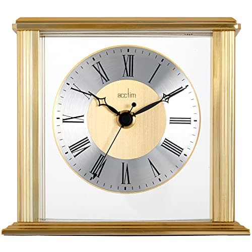 Image of Acctim Hamilton Mantel Clock Quartz Brushed Metal & Glass Floating Effect Energy Efficient Brass