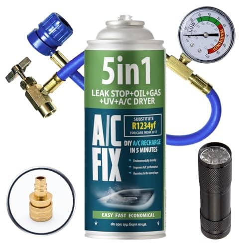 Image of AC FIX 5-in-1 – R1234yf + Hose + Flashlight + Adapter Refrigerant for Car Air Conditioning with Oil, Sealant, UV Dye, Desiccant – Quick Application – Protects the Compressor