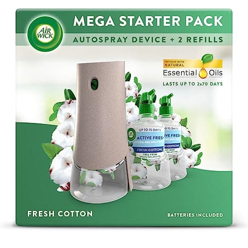 Image of Air Wick Aerosol-Free Automatic Air Freshener Spray Bundle Kit, Fresh Cotton, 1 Gadget & 2 Refills (228ml), 24x7 Active Fresh Odour Neutraliser, Lasts Up to 140 Days, Air freshener For Home