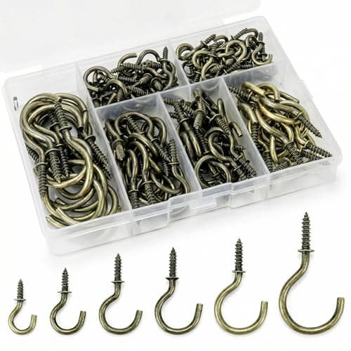 Image of QWORK® 135 Pcs Ceiling Hooks, Screw in Hooks, Cup Hooks, 6 Sizes, Bronze for Hanging Plant, Keys, Hats, Light Hanging Supplies