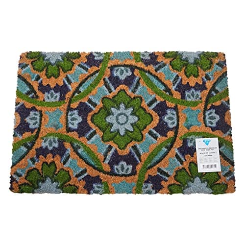 Image of Natural Coir Mat Printed Patterned Dirt Trapper Indoor/Outdoor Door Mat Welcome Mat Non-Slip PVC Backed Doormat 60cm x 40cm (Green Design)
