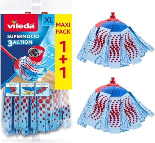 Image of Vileda SuperMocio 3Action XL Mop Refill - 1 + 1 Pack - Fits all Super Mocio Mops Head Replacement - Advanced Microfibre Technology Machine Washable, Reusable Floor Cleanning Mop Refill