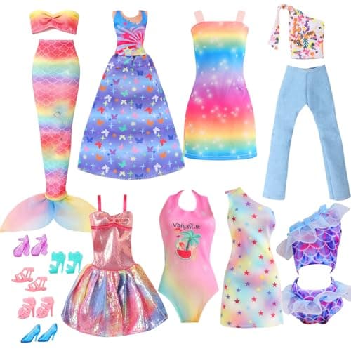 Image of 16 Pcs Doll Clothes and Shoes Compatible with Barbie 11.5 inch Doll, Include 1 Mermaid Dress 2 Strappy Top 2 Dress 1 Trousers 4 Sets Swimwear 5 Shoes, Girl Gifts