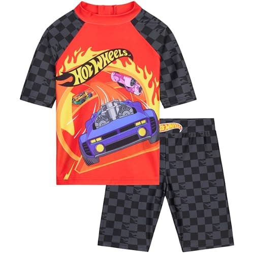 Image of Hot Wheels Boys Swimsuit Set 3-8 Yrs, 2 Pcs Swimming Costume Swim Shorts & Rash Vest, Holiday Essentials Swimming Accessories (4-5 Years, Red/Black Hot Wheels)