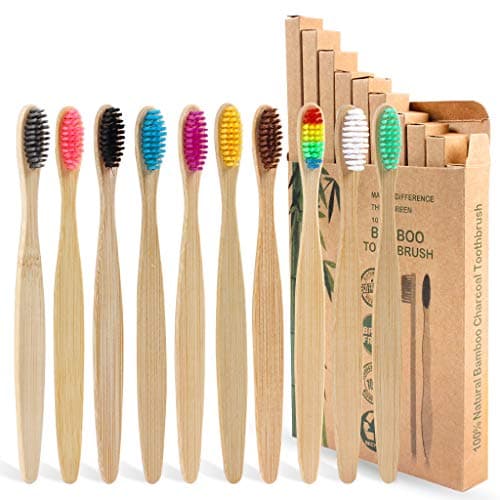 Image of SWKJ Bamboo Toothbrushes with Soft Bristles,10 Packs of Biodegradable Organic Natural Wooden Toothbrush for Adult Kids, Eco-Friendly and Plastic Free Packaging for Family, Travel