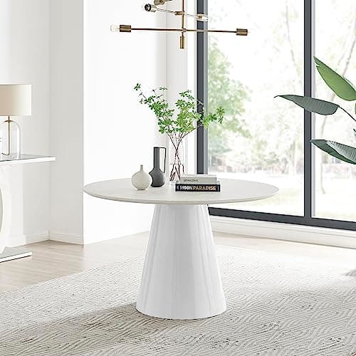 Image of Furniturebox UK Palma White Beige Stone Effect Round Pedestal Dining Table - Circlular 4 to 6 Seat Kitchen Dining Table