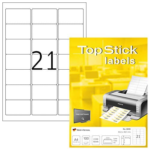 Image of TopStick A4 Self Adhesive Address Labels, 21 Labels Per Sheet, 100 Sheets, 2,100 Labels, 63.5 x 38.1 mm, Blank Printer Labels For Laser & Inkjet, Printable Sticky Paper Labels for Office & Home