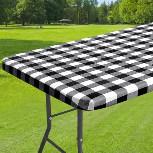 Image of Dremisland Water Resistant Rectangular Tablecloth Elastic Edged Fitted Vinyl Black White Table Cover with Flannel Backing Wipeable Oilcloth PVC Table Protector Cover for Dinning Room Kitchen Picnic