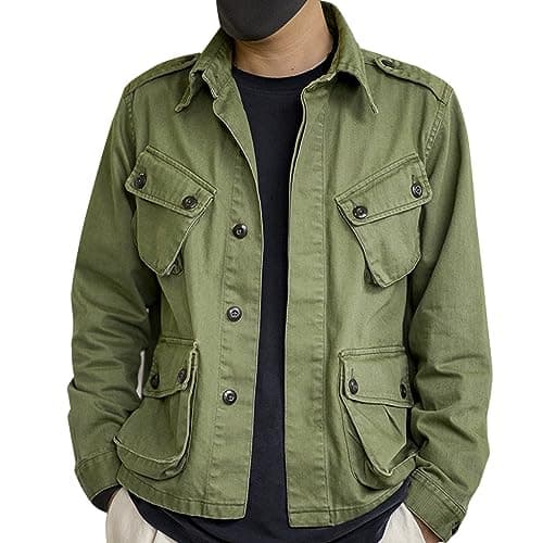 Image of Mens Vintage Cargo Jacket Mens Lightweight Safari Jacket Combat Military Coat Durable Hunting Jackets Comfort Fit Shirt Coats Multi Pocket Button Up Outwear Scratch-Resistant Tactical Coats