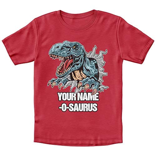 Image of Purple Print House Dinosaur Gift for Boys, Personalised T Shirts, Custom Name Printed Tshirts, T-Shirt Baby Toddler Black White Red Top, Red, 5-6 Years