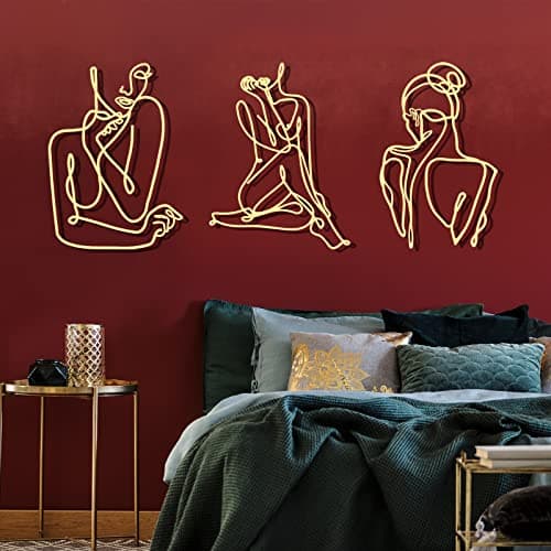 Image of 3 Pieces Metal Wall Art Decor Minimalist Abstract Woman Wall Art Modern Line Drawing Wall Art Decor Metal Female Single Line Wall Home Hanging for Bedroom Kitchen Bathroom Living Room (Gold, Cute)