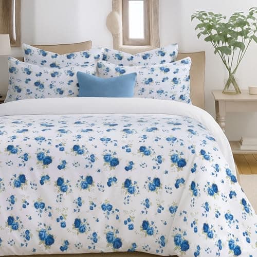 Image of Velosso Reversible Double Duvet Cover Set, Country Cottage Floral Bedding Set with Rose Print, 3 Piece Quilt Cover with 2 Pillowcases, Button Closure (Blue, Double)
