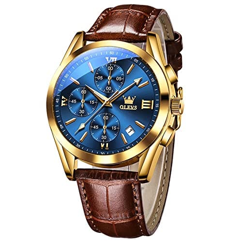 Image of OLEVS Watch for Men Chronograph Brown Leather Strap Classic Fashion Analog Quartz Big Dial Casual Waterproof Luminous Wrist Watches